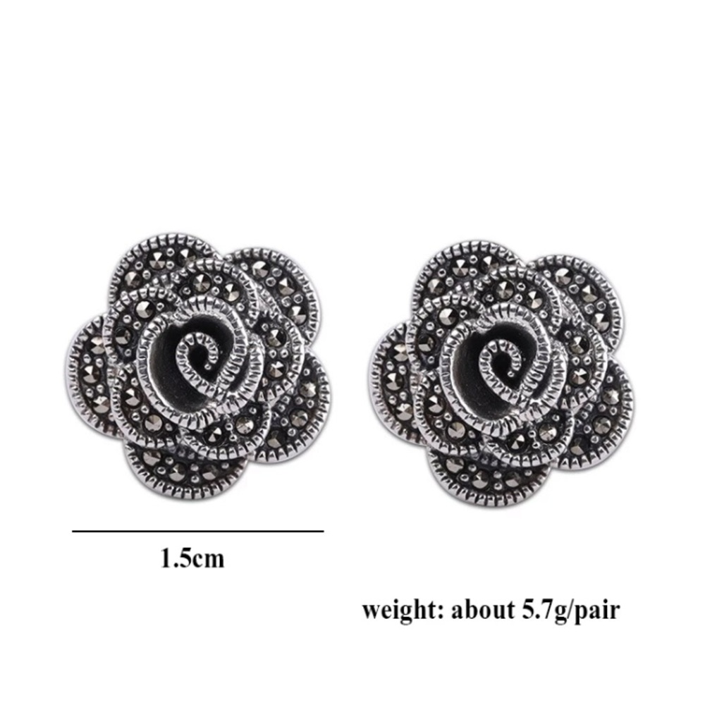 New! Sterling Silver Marcasite Rose Stud Earrings - Picture 12 of 13